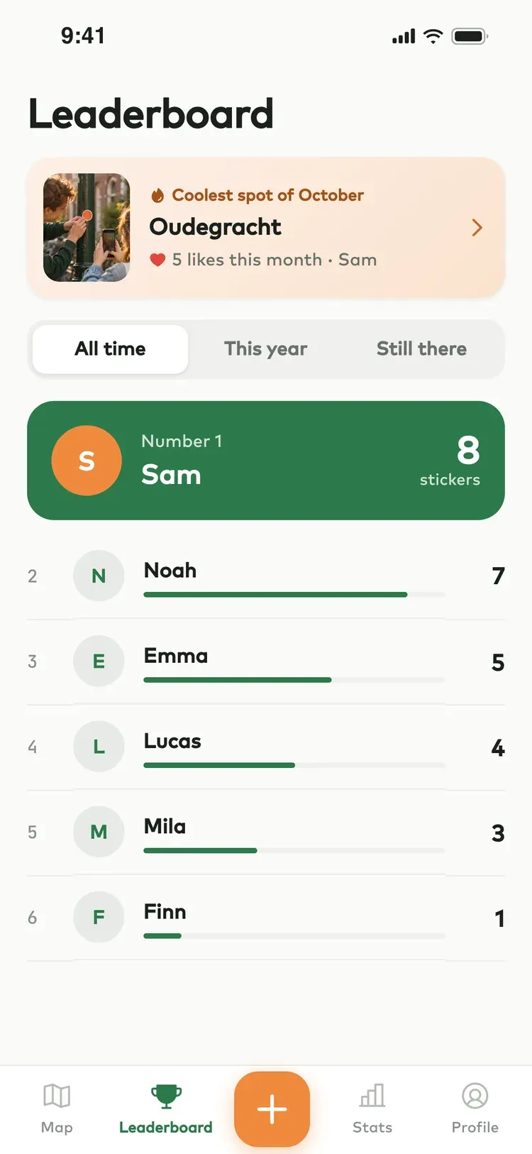 The leaderboard in the app, with the coolest spot of the month at the top